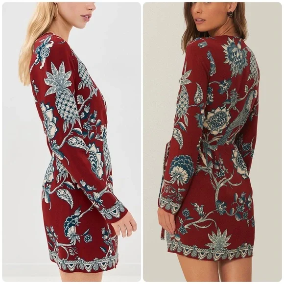 FARM Rio Dress Tropical Landing Red Wrap Long Sleeve V-Neck Mini Dress Medium